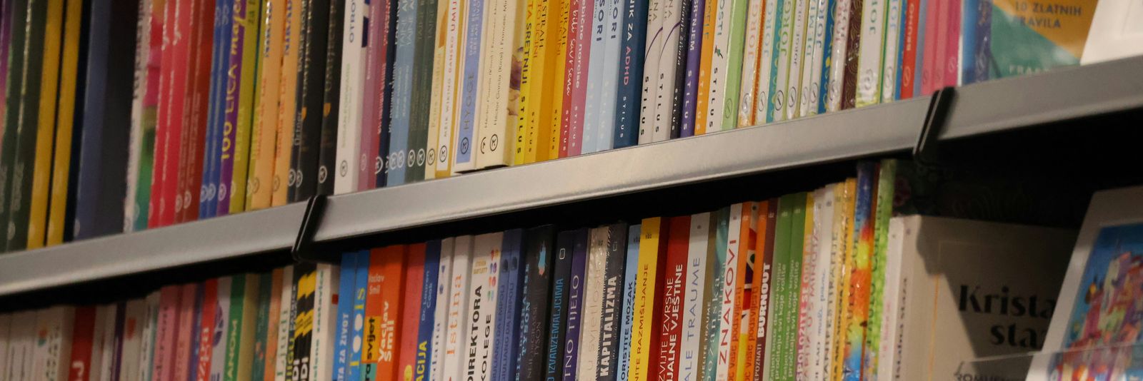 Shelves filled with numerous colorful books in a library