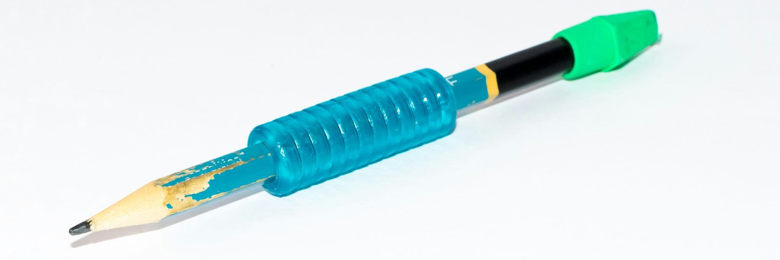 A blue and yellow pen with a black tip